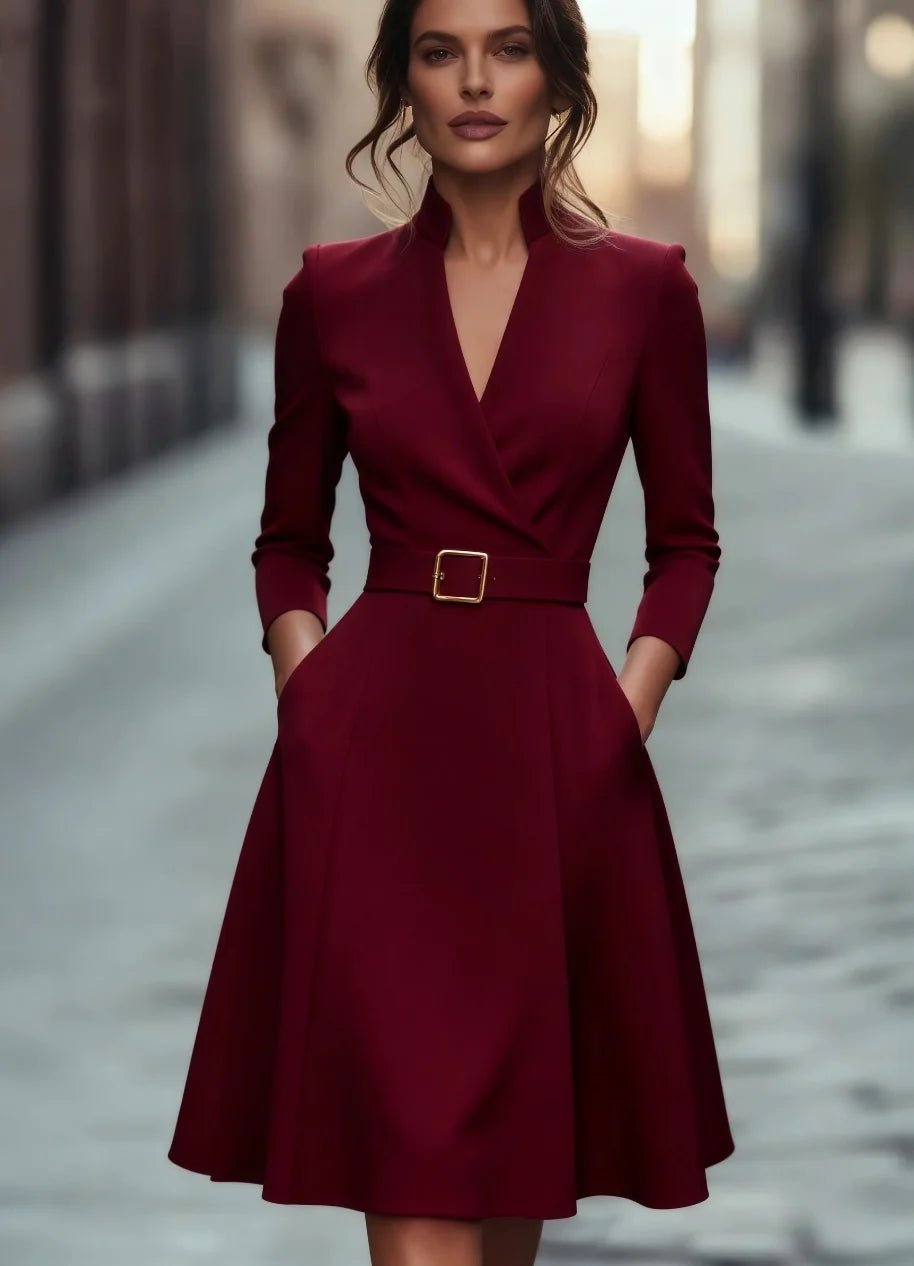 Autumn and winter temperament commuting waist slimming V-neck long-sleeved A-shaped medium-long belt skirt for women