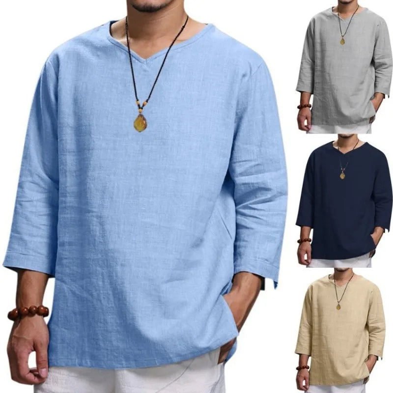 Men's Long Sleeve Loose Shirts Summer Solid Color Casual Shirt High Quality Plus Size V-Neck Shirt Male Clothing 2026