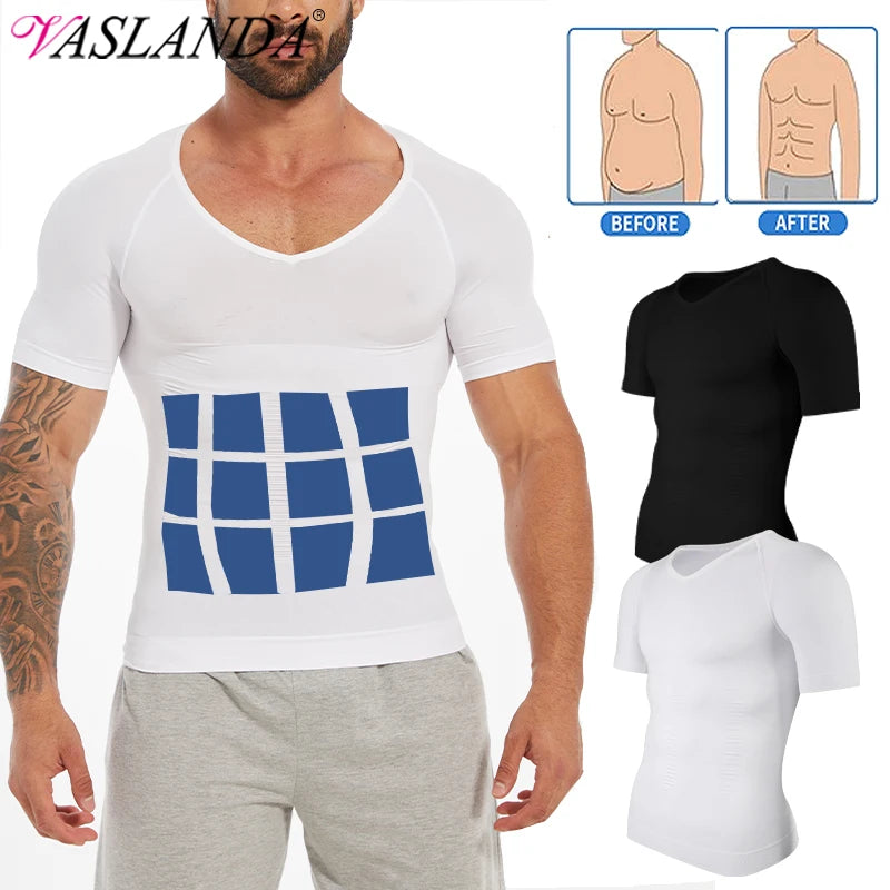 Men V-Neck Compression Shapewear Shirt Tummy Control Slim Body Shaper Short Sleeve Undershirt