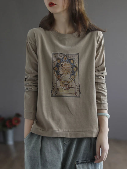 Retro Star Moon Pure Cotton Long Sleeve Pink Anti-Aging T-Shirt Women Loose Fashionable Spring Autumn Ladies Base Shirt Top