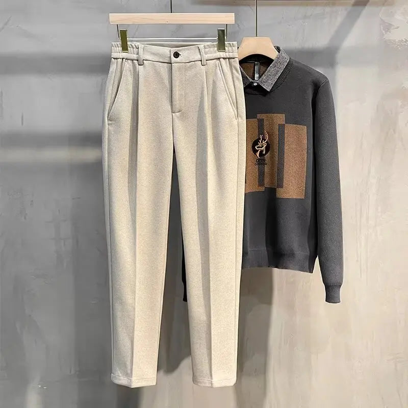 Men's Woolen Straight Leg Thickened Casual Trousers Fashionable Autumn Winter Style mid Waist Pure Color Anti-Wrinkle
