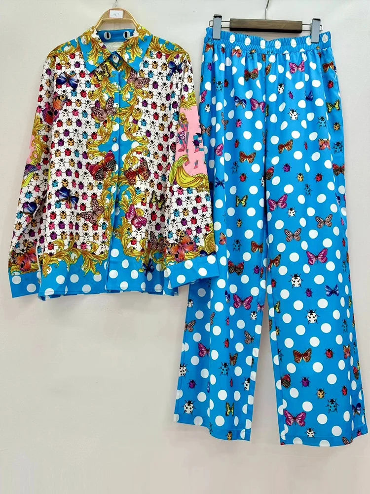 Luxury printed loose long-sleeved shirt 2024 spring and summer women's two-piece suit+elastic waist straight pants casual suit
