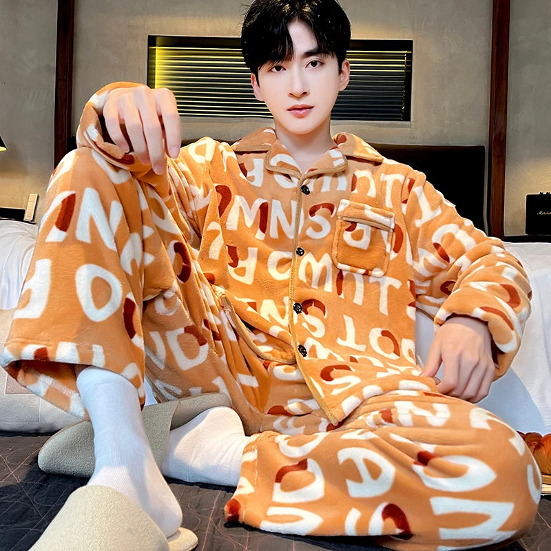 Men's Sleepwear Coral Fleece Flannel Thick Warm Cardigan Home Clothes Autumn Winter Long Sleeve Button up Comfortable Pajamas