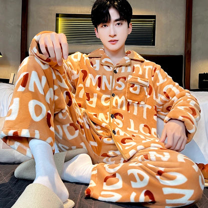 Men's Sleepwear Coral Fleece Flannel Thick Warm Cardigan Home Clothes Autumn Winter Long Sleeve Button up Comfortable Pajamas