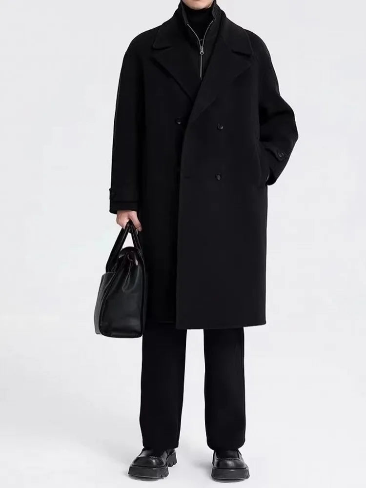 Business Men Winter Work Double Sided Woolen Detachable Knitted Collar Trench Coat Belt Double Breasted Wool Blends Windbreaker