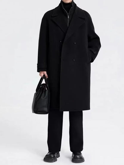 Business Men Winter Work Double Sided Woolen Detachable Knitted Collar Trench Coat Belt Double Breasted Wool Blends Windbreaker