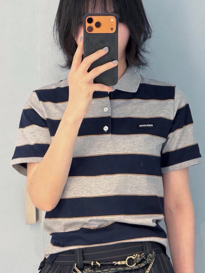 Sweet Cool Girl Spring New Style Miu Style Embroidered Letter Grey Blue Color Block Stripe  Short Sleeve Women's Top