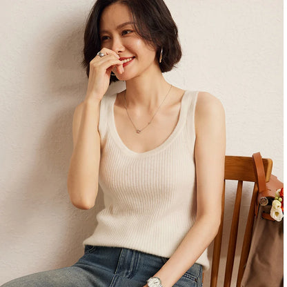 New Women Sexy 100% Cashmere High Elasticity Vest Crop Fashion Tops O-Neck Tank Soft Warm Ladies Knit Camisole Basic Bottom Vest
