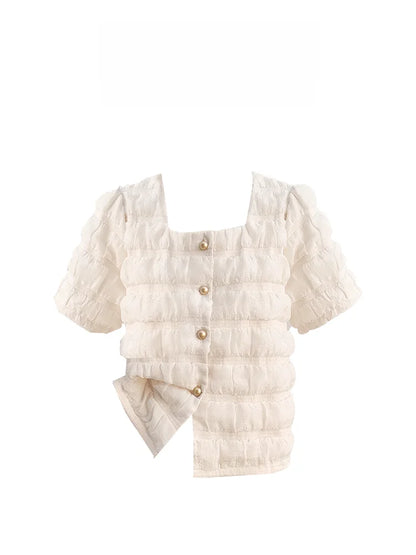 Parkyeon Summer New Peach Short Sleeve Square Collar Shirt Unique Beautiful Small Top Women's Loose Fit  Shirt