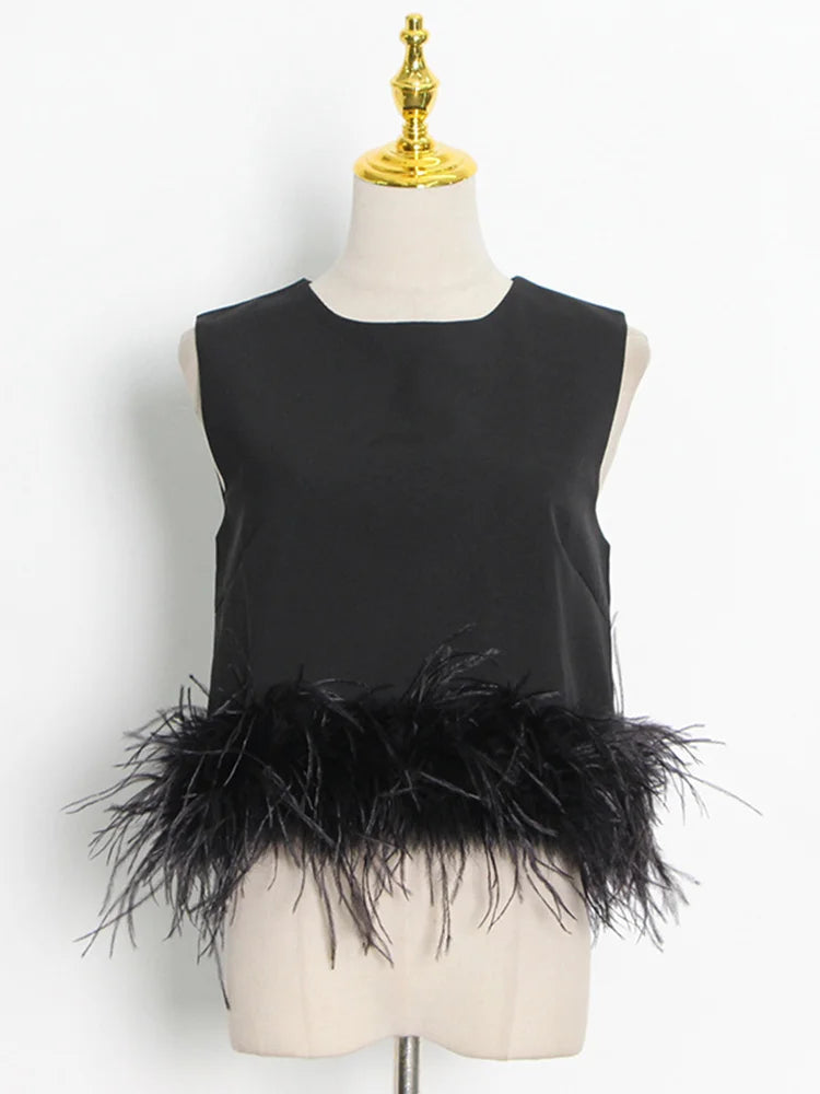 TWOTWINSTYLE Black Patchwork Feathers Korean Fashion Shirt Top Women Round Neck Sleeveless Slim Tops Female 2021 Summer Clothing