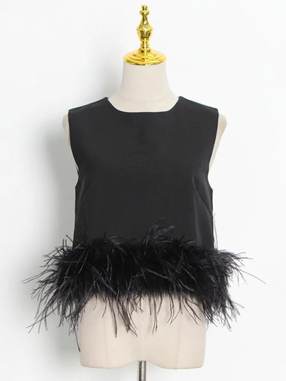 TWOTWINSTYLE Black Patchwork Feathers Korean Fashion Shirt Top Women Round Neck Sleeveless Slim Tops Female 2021 Summer Clothing