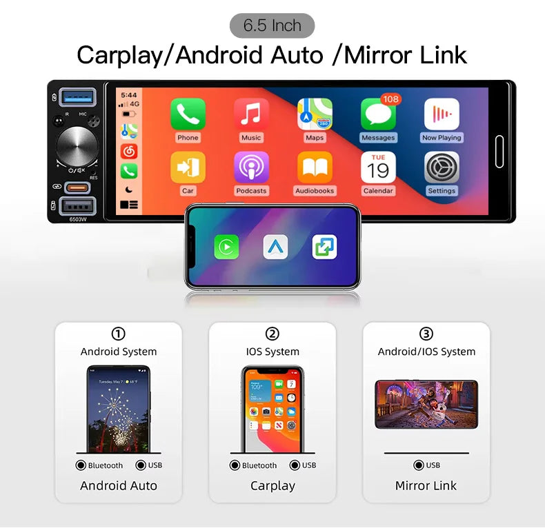 6.5 Inch 1Din Car Radio Carplay Android Auto Mirrorlink Bluetooth FM/AM EQ AUX Touch Screen Universal Autoradio Stereo MP5