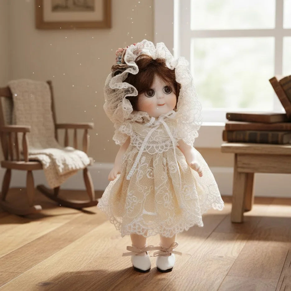 Cloveray 8 inch Movable Joints Vintage Porcelain Doll Delicate Lace Costume Fully Poseable Handmade Ceramic Collectible Gift