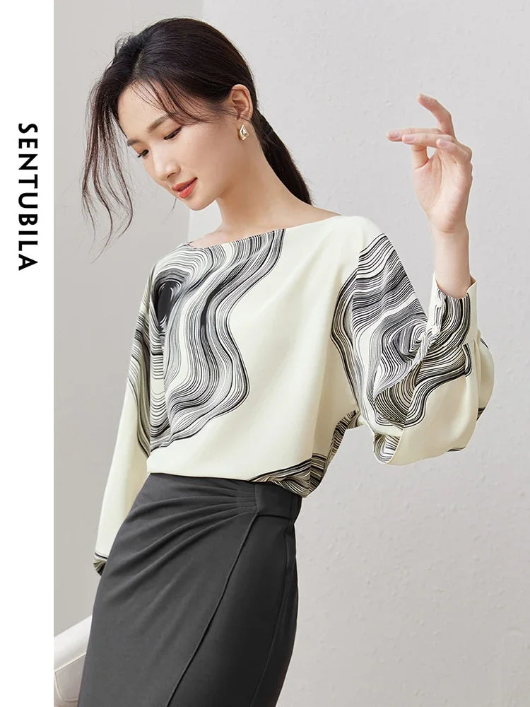 SENTUBILA Printing Chiffon Blouse For Women 2026 Spring Autumn Vintage Elegant Loose Long Sleeve Tops Woman Clothing 133V50742