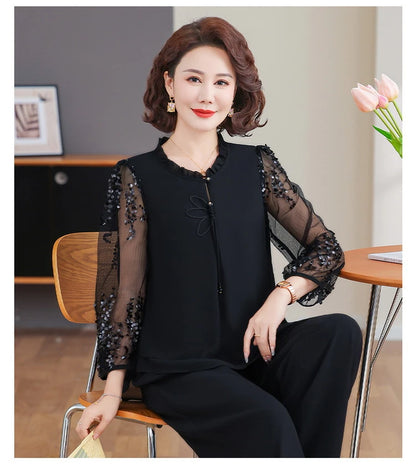 New 2026 Summer Fashionable Thin Two-Piece Set for Older Women Age-Defying Trendy Top And Bottom Ensemble Polyester Fiber