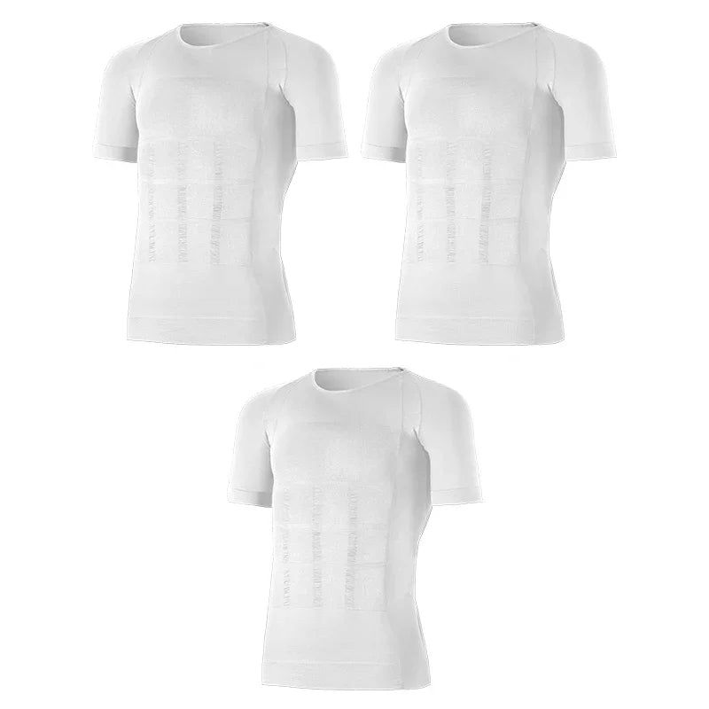 3PCS Men's Short Sleeve Body Shaper, Chest & Waist Tummy Control Slimming Compression Shirt for Sports Fitness