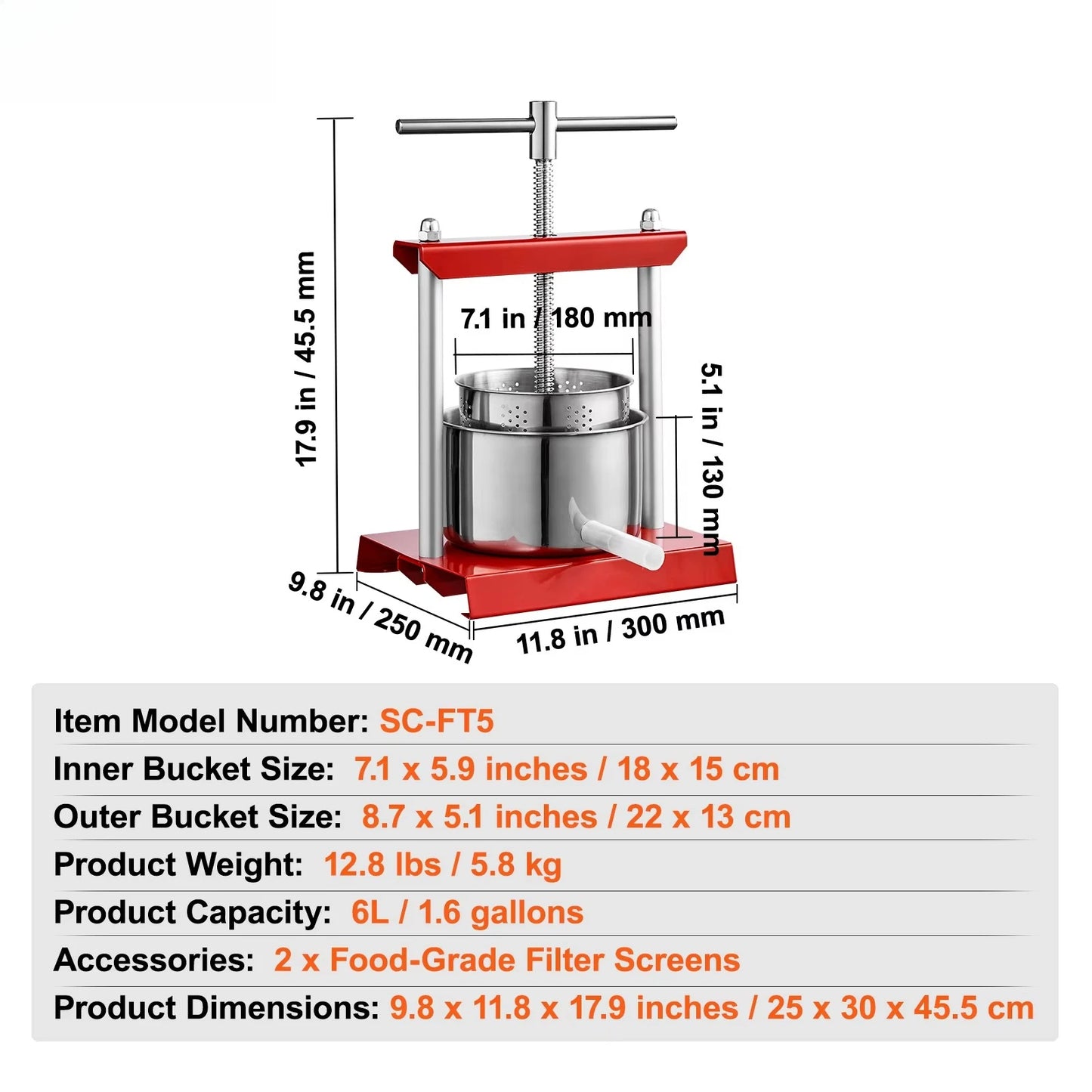 2L 3L 6L Manual Fruit Press Stainless Steel Household Manual Squeezer Cider Vegetables Juice Extractor for Home Kitchen