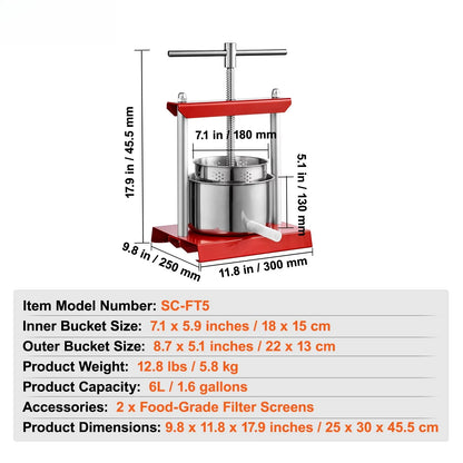 2L 3L 6L Manual Fruit Press Stainless Steel Household Manual Squeezer Cider Vegetables Juice Extractor for Home Kitchen