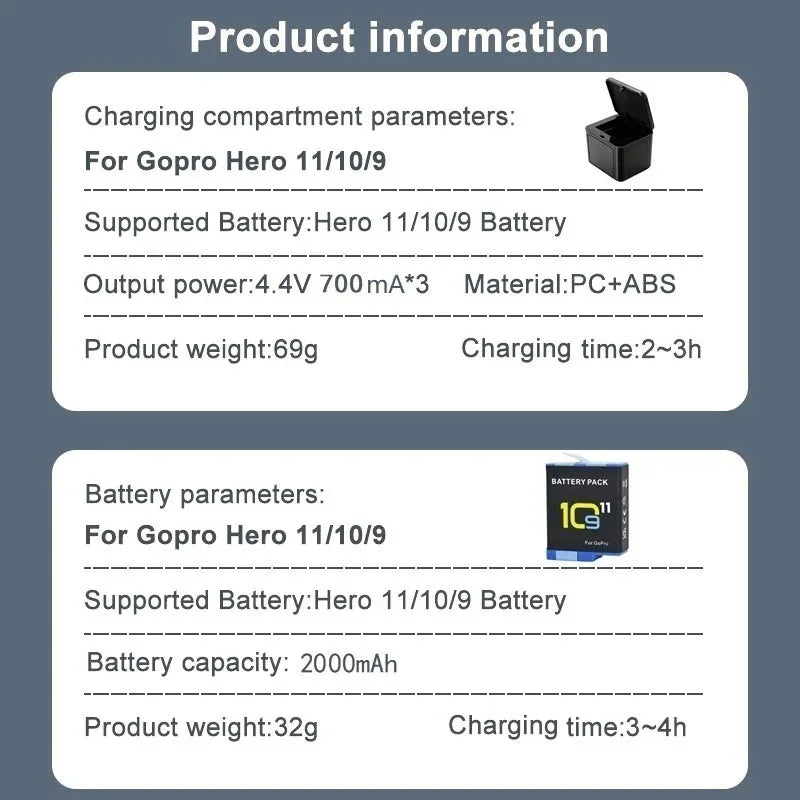 2000mAh Battery For GoPro Hero 11 10 9 Li-ion Battery Pack Motion Camera Battery Storage for GoPro Hero9 Rechargeable Batteries