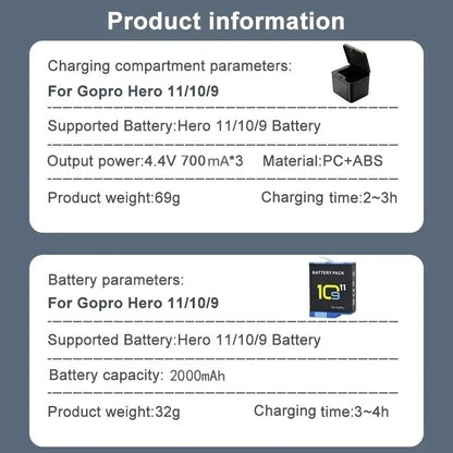 2000mAh Battery For GoPro Hero 11 10 9 Li-ion Battery Pack Motion Camera Battery Storage for GoPro Hero9 Rechargeable Batteries