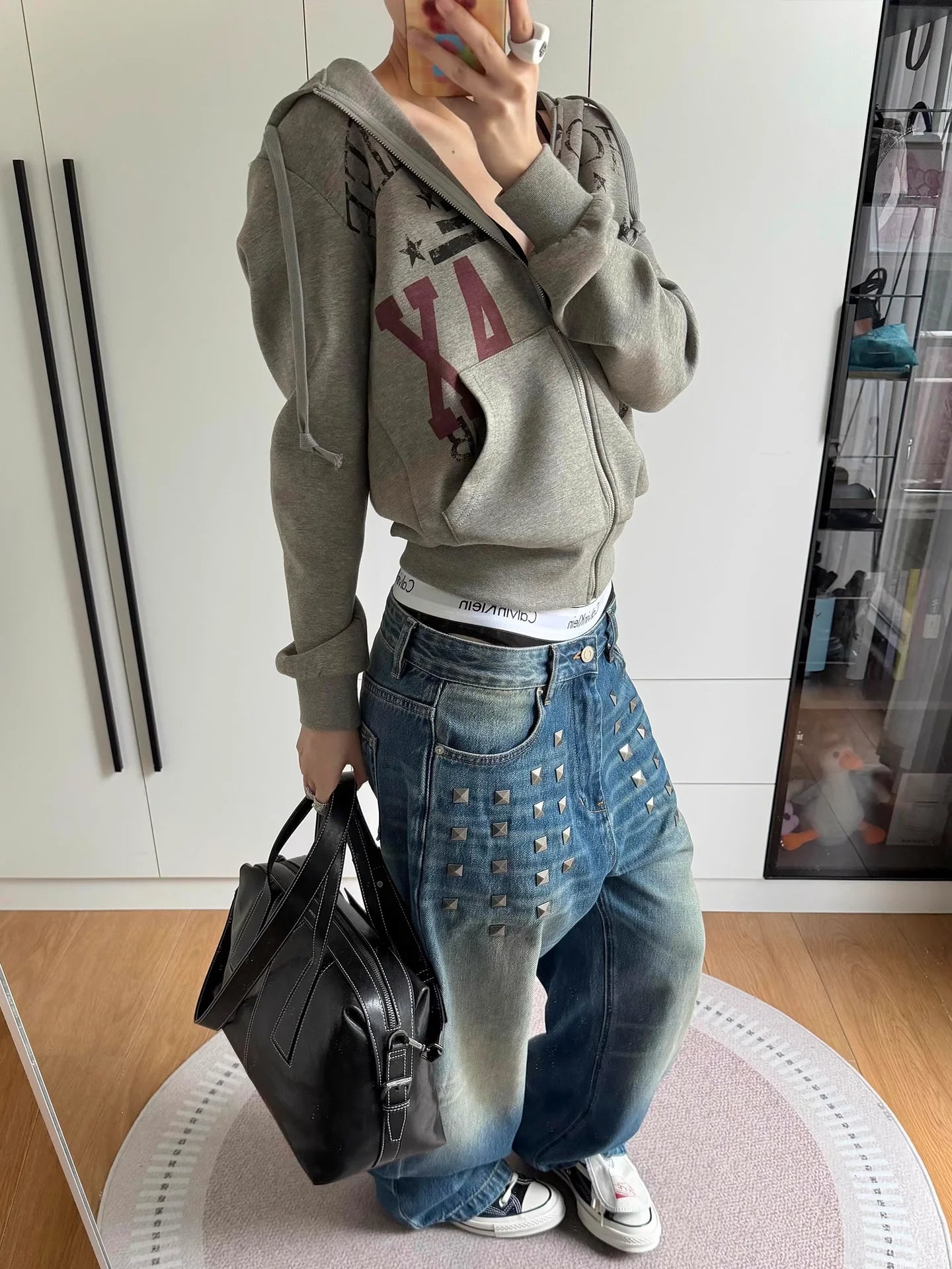 Retro American Washed Square Rivet Straight Leg Jeans Unisex Vintage  Drag Casual Loose Fit Jeans Cotton Polyester Blend