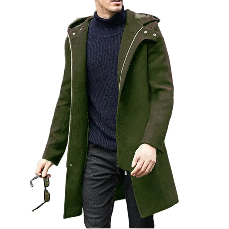 Autumn Winter Men's Woolen Coat Casual Fashion Hooded Zipper Coats Mid-length Men's Lining Clothing