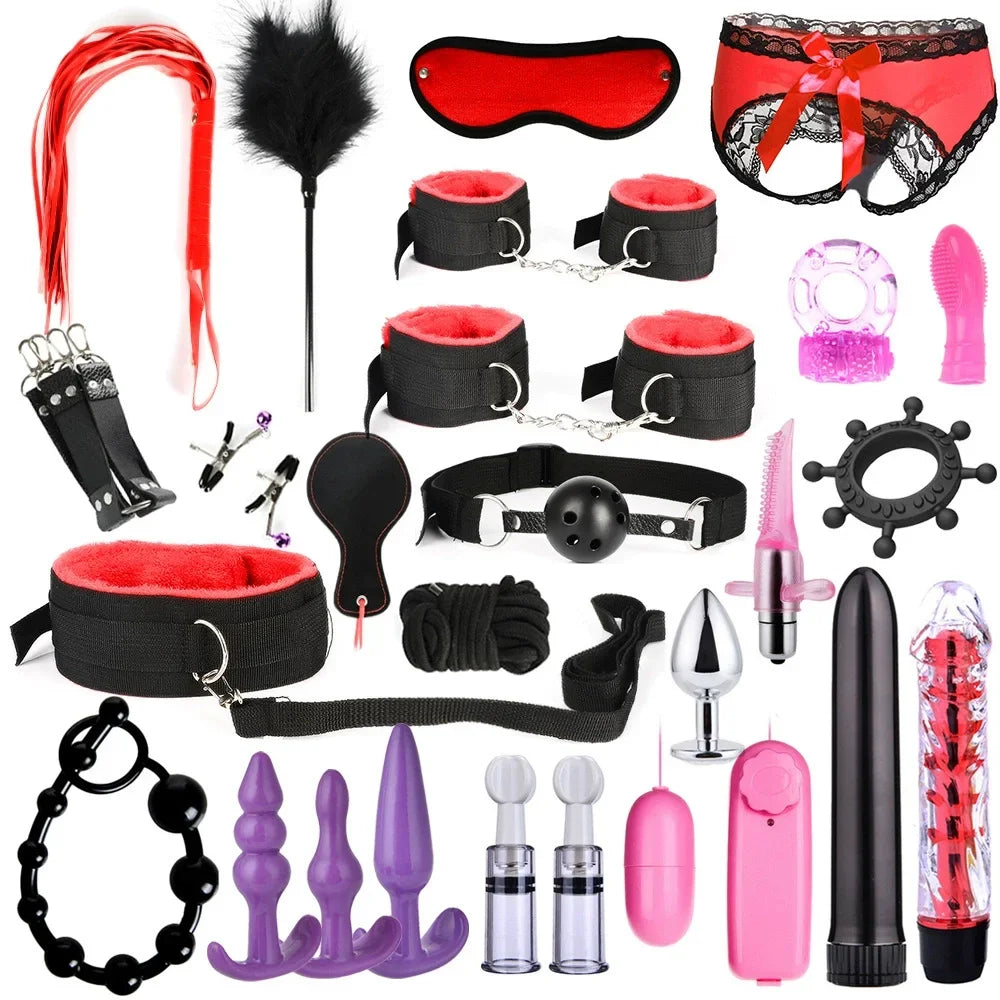 Sex Products Erotic Toys for Adults BDSM Sex Bondage Set Handcuffs Nipple Clamps Gag Whip Rope Sex Toys For Couples