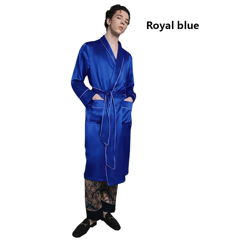 100% Natural Silk Men's Long Nightgown Navy Blue Casual Lounging Dress Comfortable Loose Size 5XL Weight 150KG Pajamas Cool