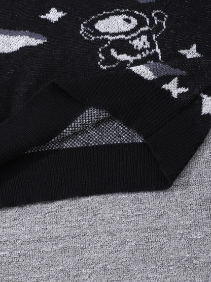 New Trendy Spring and Autumn Astronaut Reaching for the Stars Jacquard Pattern Pullover Sweater, Casual Round-Neck Color-Block Knit Men's Pullover, Suitable for Everyday Wear, Unisex Top for Going Out, Regular Fit, Suitable f