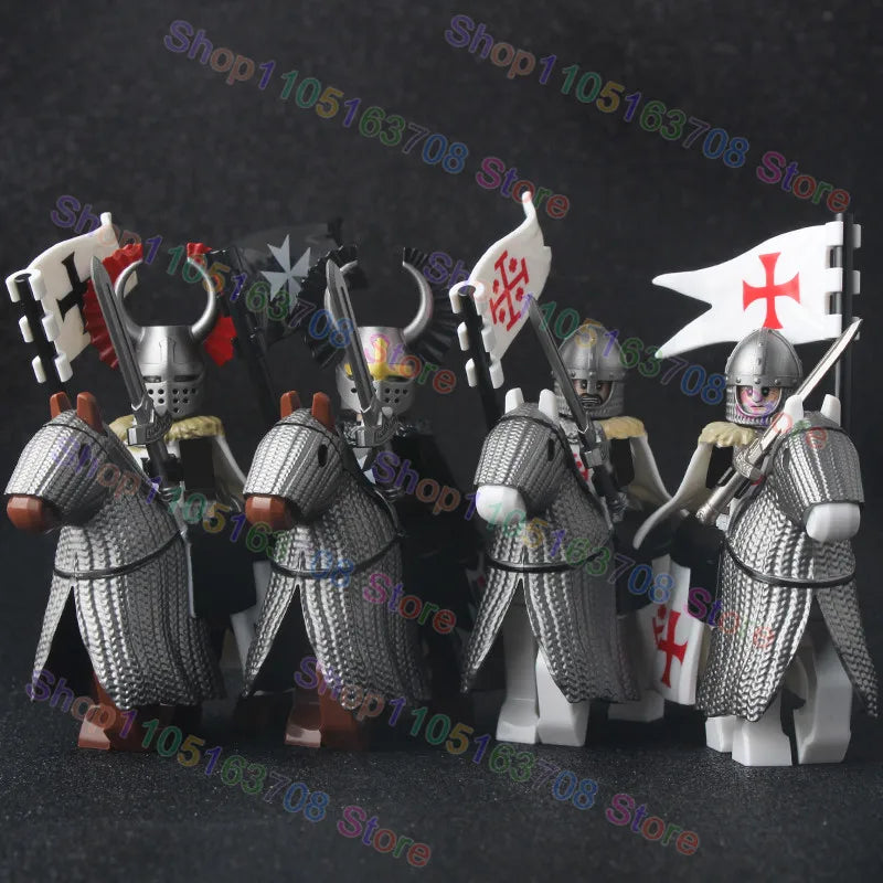 MOC Medieval Military Crusader Knight Building Blocks Castle Army Soldier Figure Horse Mount Shield Sword Accessories Bricks Toy