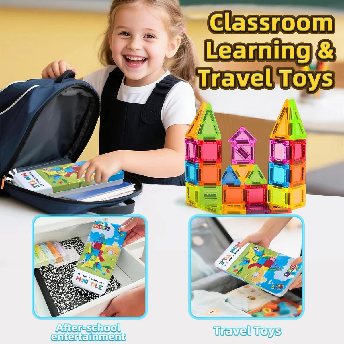 Mini Magnetic Tiles Portable Metal Box Kids STEM 3D Magnet Building Blocks Travel Educational Birthday Christmas Holiday Gift