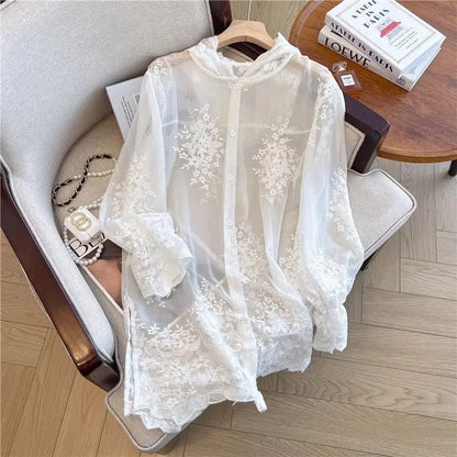 Elegant Thin Lace Hat Shirt Women's Loose Fit Summer 2025 plus Size Slimming Korean Style Long Sleeve Button up