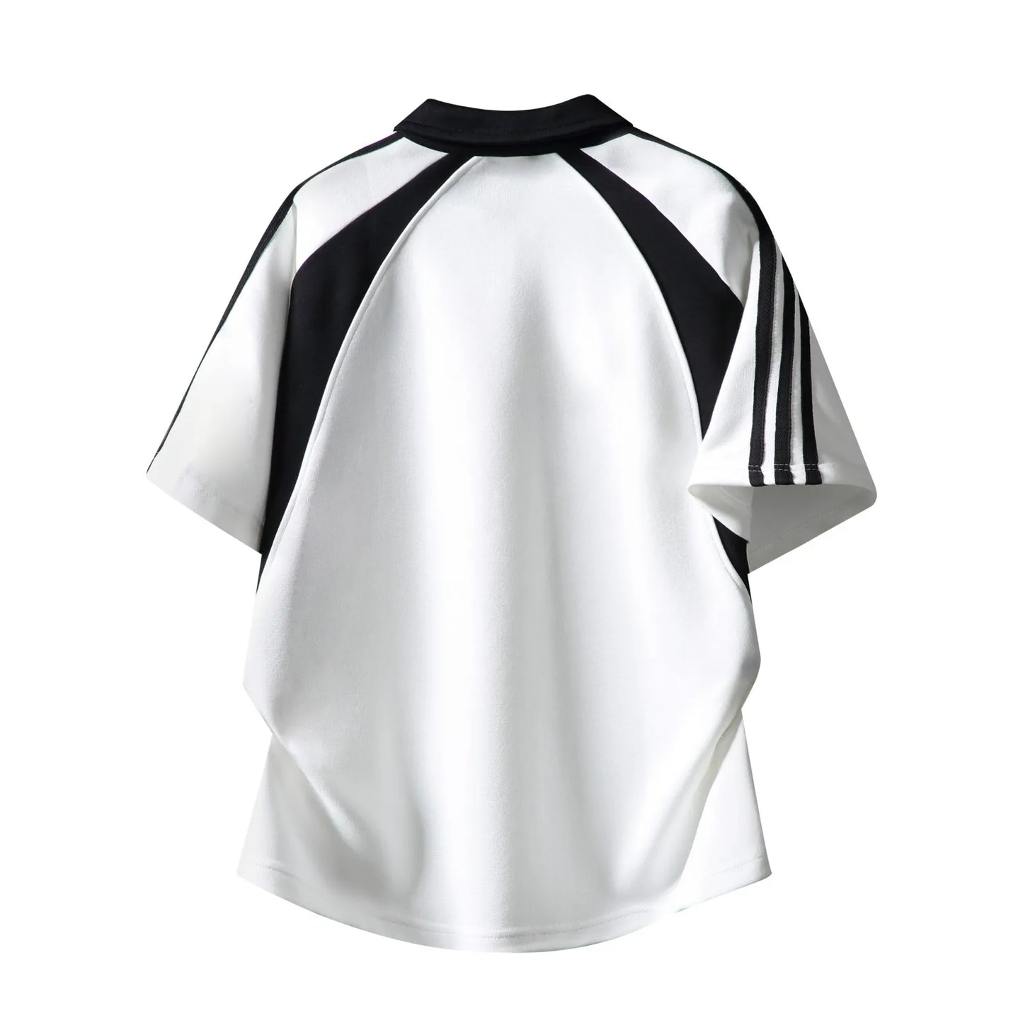 Sporty Unisex Polo T-Shirt, Black White Contrast with Stripes & Logo Print, Loose Summer Streetwear