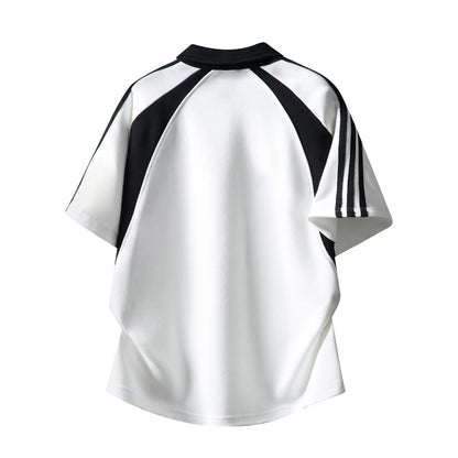 Sporty Unisex Polo T-Shirt, Black White Contrast with Stripes & Logo Print, Loose Summer Streetwear