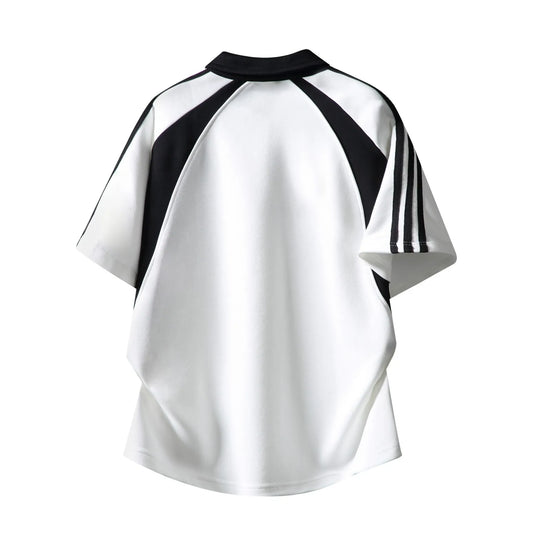 Sporty Unisex Polo T-Shirt, Black White Contrast with Stripes & Logo Print, Loose Summer Streetwear