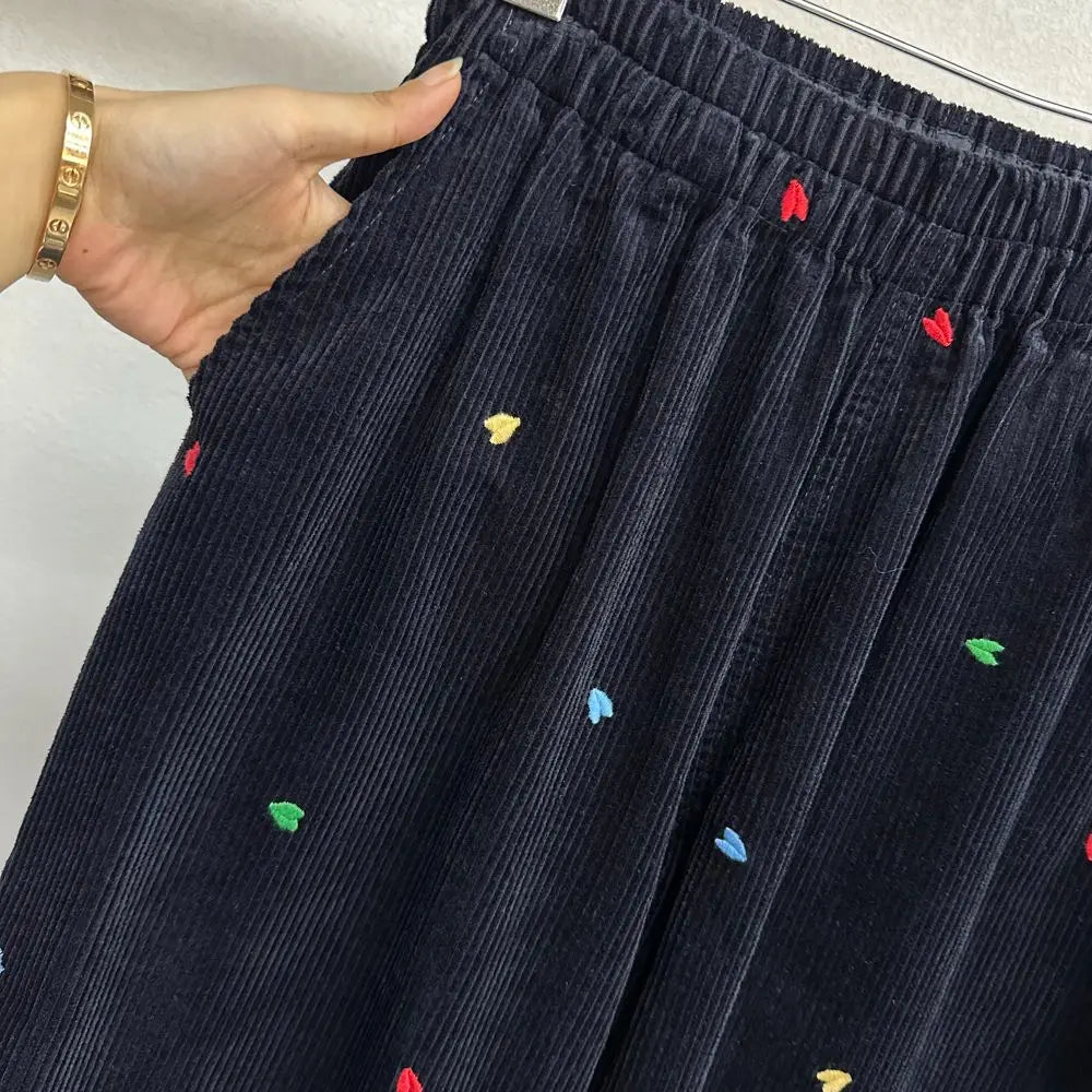 Fall Winter plus Size Fleece Lined Thick Corduroy Wide Leg Pants Women Casual Loose Heart Embroidery Knife  Pants