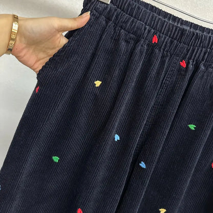 Fall Winter plus Size Fleece Lined Thick Corduroy Wide Leg Pants Women Casual Loose Heart Embroidery Knife  Pants