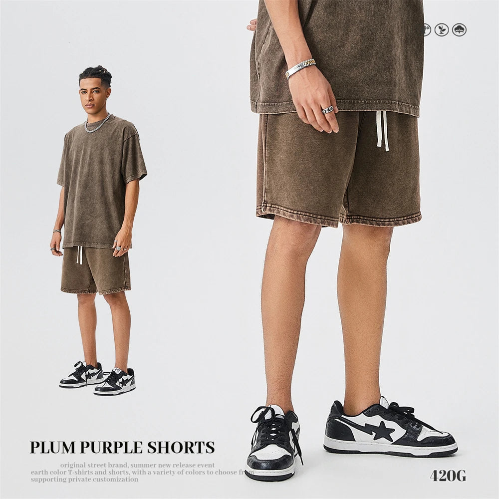 ZODF Trendy Batik Washed 420gsm Cotton Shorts For Men Retro Unisex Basic Heavy Weight Loose Solid Shorts Brand Bottoms HY0855
