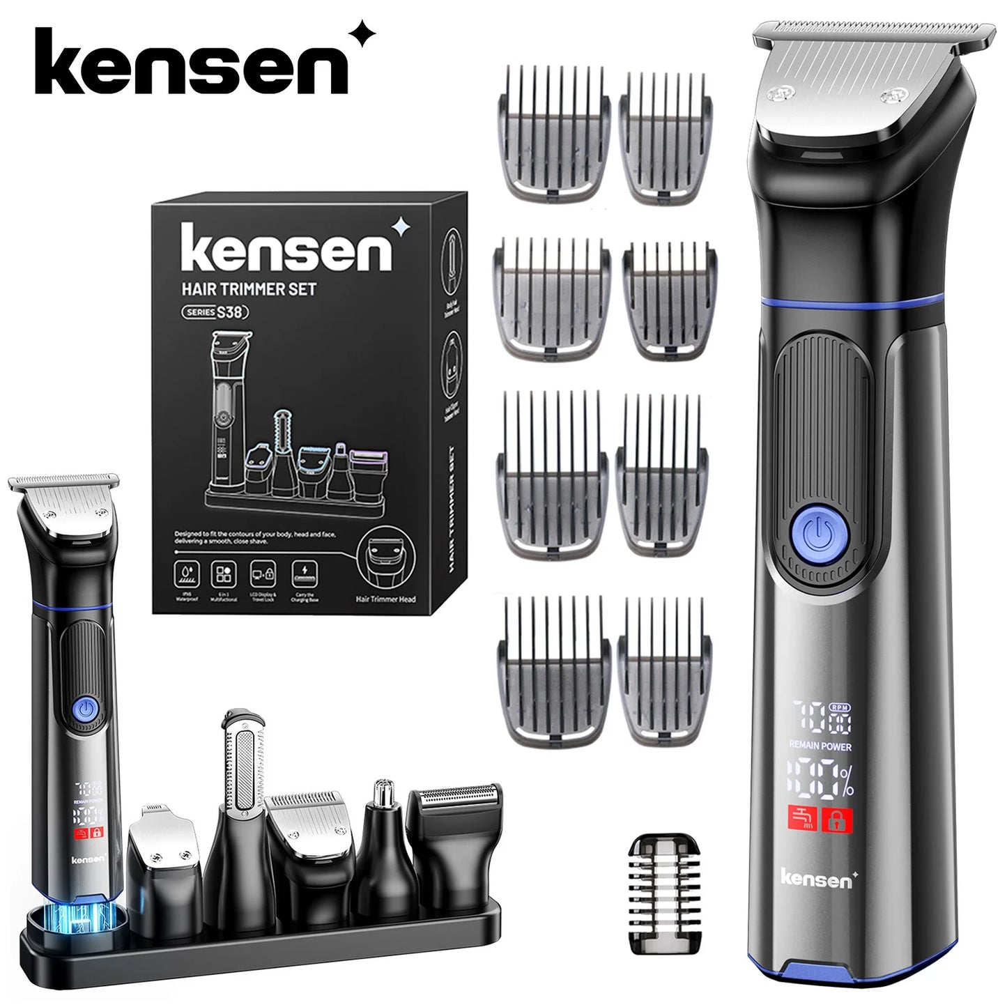 Kensen S38 Electric Hair Trimmer for Men 6 in 1 Body Hair Shaver Nose Beard Trimmer IPX6 Waterproof Hair Cutting Machine Barber