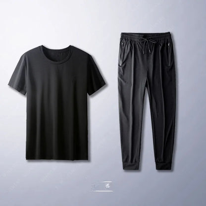 Ice Silk Men's Casual Pants Sports Set Air Conditioning Pants Quick Dry Trendy Large Size Short Sleeve T-Shirt Mesh Summer Wear