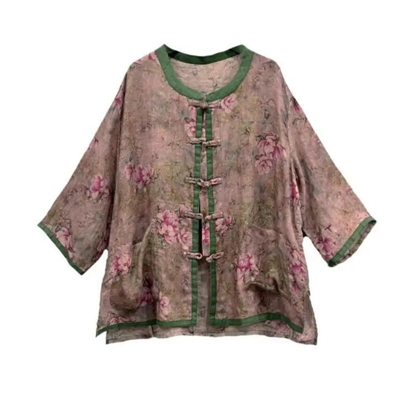 Artistic Print Ethnic Design Retro round Neck Button up Casual Loose Sun Protection Shirt Women Summer Comfortable Versatile