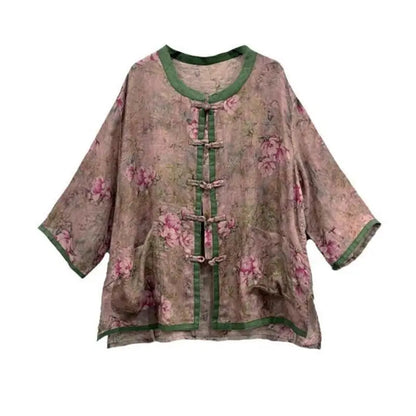 Artistic Print Ethnic Design Retro round Neck Button up Casual Loose Sun Protection Shirt Women Summer Comfortable Versatile