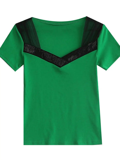 Summer 2026 Women's V-neck T-shirt Mesh Splice Short Sleeve Heavy-duty Rhinestone Slimming Top Korean Style Breathable Cotton