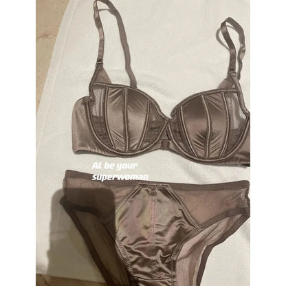 Front Fastening Push Up Bra Lingerie Set Sexy Satin Mesh Semi-Cup Underwired Lift Bra and Panty Set S-XL Size  Lingerie Sexy Set
