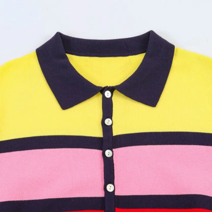 2026 New Dopamine Color Striped Polo Knit T-shirt Women Short Sleeve Lapel Knit Top Casual Daily Wear Outfits Summer Fashion