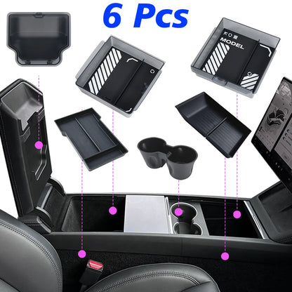 Armrest Organizer Tray Suitable for Tesla Model Y Juniper 2026 Model Y L 6 Seater Translucent ABS Box 2/4/6PCS Silicone Mat Set