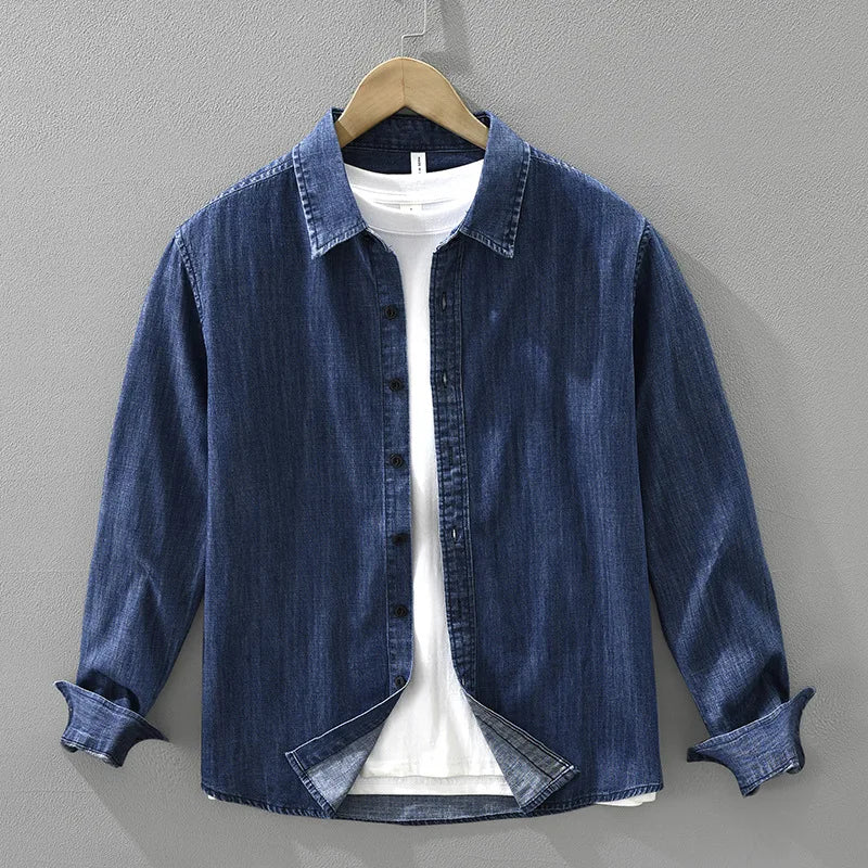 2025 Autumn New Vintage Washed 100% Cotton Long Sleeve Denim Shirt for Men Clothing Turn-down Collar Versatile Streetwear CM7781