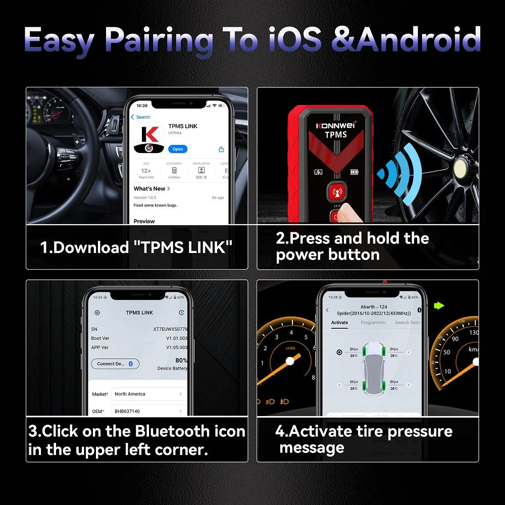 2026 KONNWEI TK100 TPMS Car Tire Pressure Diagnostic Tool Relearn Program 2PCS 315/433Mhz Sensor For ios Android TPMS Programing