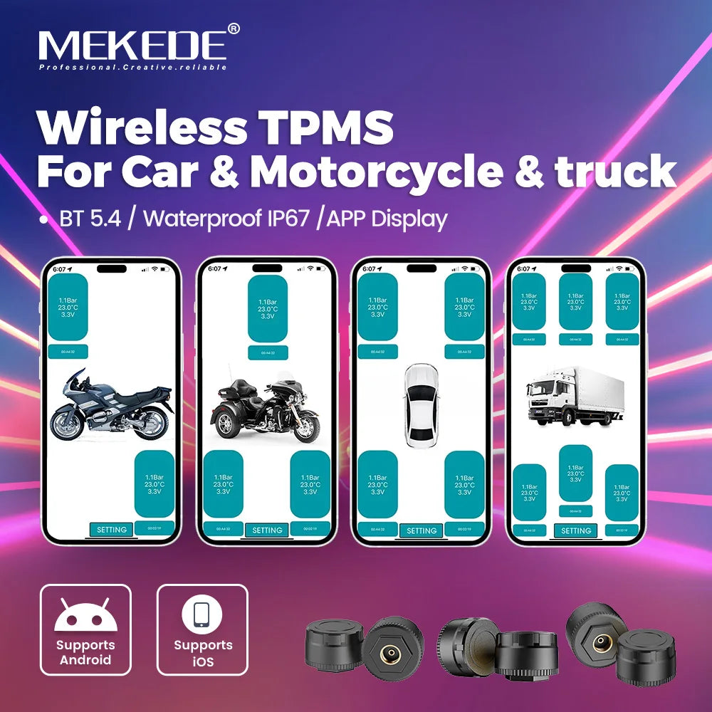 For Apple IOS Android System Mobile Phone APP display Car TPMS BT 5.4 Tire Pressure Sensor Monitoring Motorcycl tricycle Truck