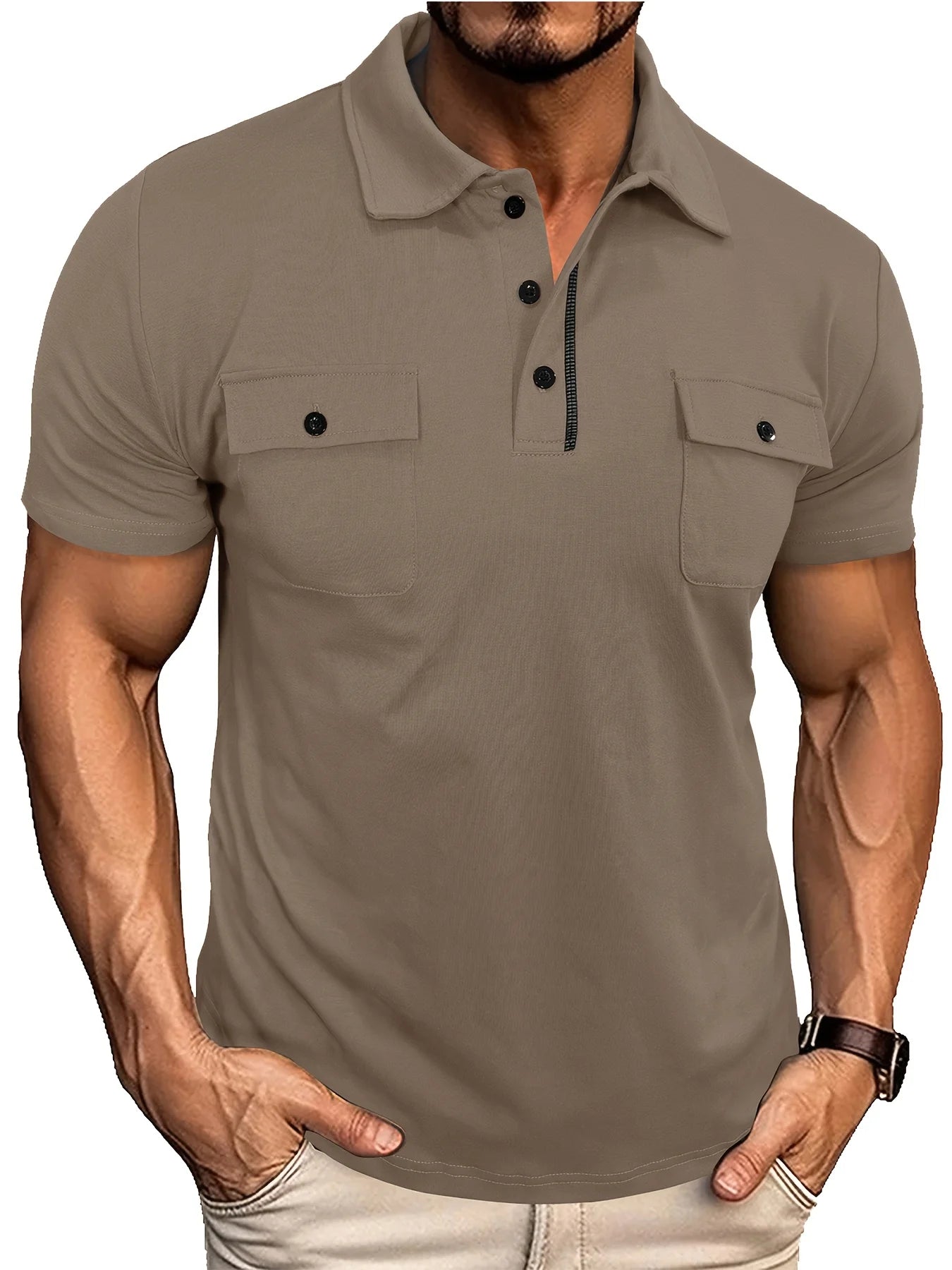 Summer Men's Short-Sleeve Polo Shirt Casual Solid Color Turn-Down Collar T-Shirt Pullover Top Henley Shirt with Pockets